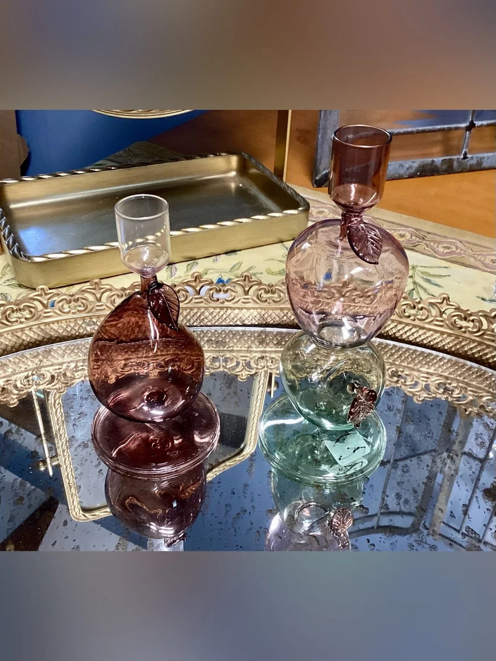 Anthropologie set of glass Autumn fruit candle holders NEW
